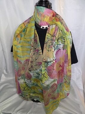 S121. Vintage Floral Multicolor Lightweight Scarf in Yellow, Pink & Green